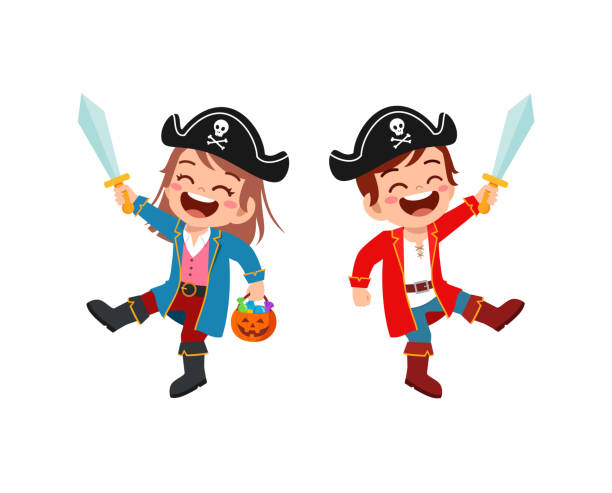 ilustrações de stock, clip art, desenhos animados e ícones de cute little boy and girl celebrate halloween with friend - halloween witch child pumpkin