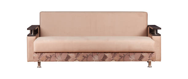 istock Beige sofa with cushions isolated on white 1341683667
