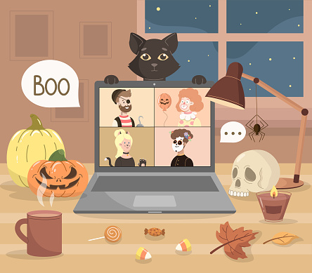 Different young people in halloween costumes connecting together with video conference or video call on laptop screen from home. Halloween concept vector flat illustration.