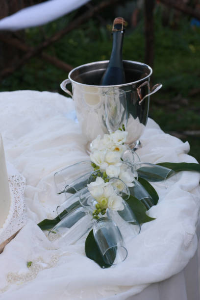 istock Prosecco bottle and goblets. Festive decoration for wedding reception 1341686404