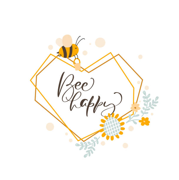 süße kinder herz liebe rahmen mit bienen und strauß sonnenblumenkranz sommer. baby skandinavische stil vektor polygon illustration mit text bee happy - bee flower backgrounds golden sunflower stock-grafiken, -clipart, -cartoons und -symbole