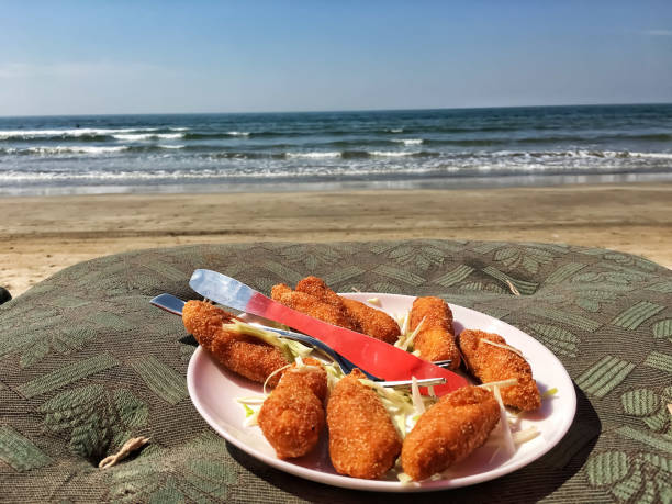 바다가 내려다보이는 해변에서 생선 튀김 먹기 - goa beach india green 뉴스 사진 이미지
