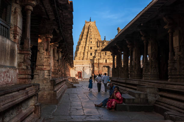 Hampi, Karnataka, India - January 12, 2020 : Stunning view at Sree Virupaksha Temple, located in the ruins of ancient city Vijayanagar at Hampi, it is UNESCO World Heritage Site.