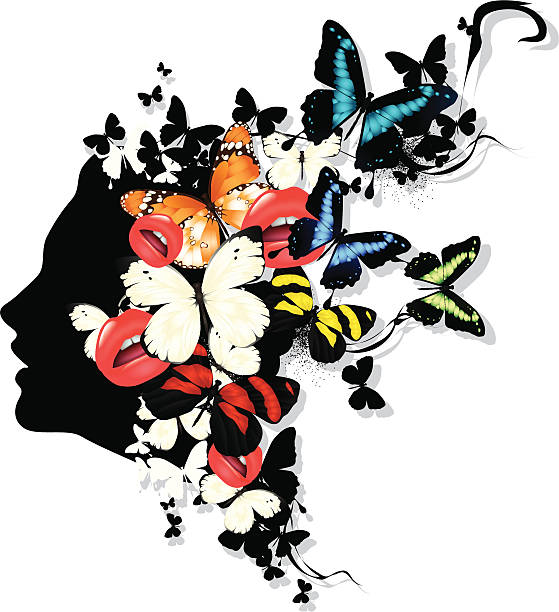 프로파일을 여자아이 있는 나비를 - women butterfly creativity flying stock illustrations