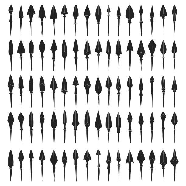 vector monochrome icon set with ancient Arrowheads vector monochrome icon set with ancient Arrowheads for your project spear stock illustrations