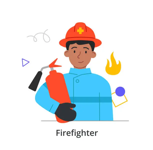 Vector illustration of Young male character is enjoing working as a firefighter on white background