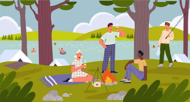 Cheerful male and female characters having fun camping time at the river bank together with friends Cheerful male and female characters having fun camping time at the river bank together with friends. Spending happy time with family outdoors along the river. Flat cartoon vector illustration riverbank stock illustrations