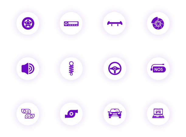автоматическая настройка фиолетовых цветных векторных иконок на светлых круглых кнопках с фиолетовой тенью. набор иконок автоматической � - shock absorber audio stock illustrations
