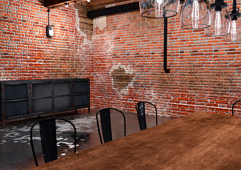 3D rendering of an industrial loft dining room interior