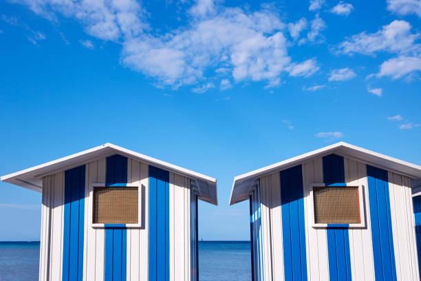 Denia beach blue and white stripes in Mediterranean Spain of Älicante