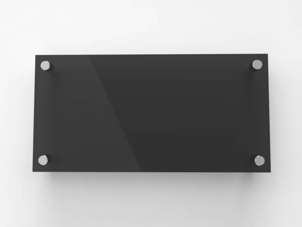 istock Blank Black rectangle transparent glass office corporate Signage plate Mock Up Template, Clear Printing Board For Branding, Logo. Transparent acrylic advertising signboard mockup front view. 3D rendering 1341693545