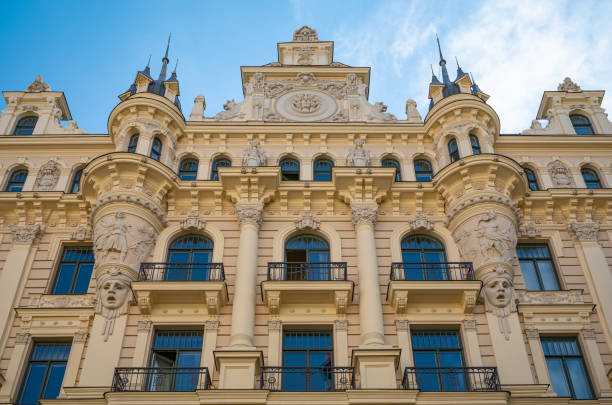 Riga, Latvia- August 20, 2020:  An Art Nouveau style palace in the old town