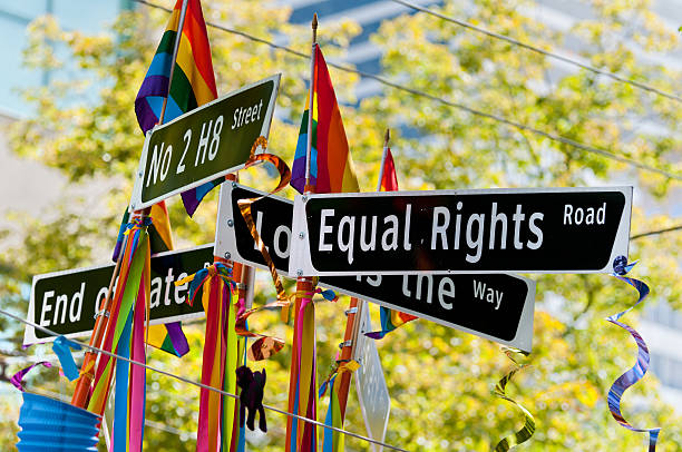 l'égalité des droits panneau - multi colored ribbon rainbow gay pride flag photos et images de collection