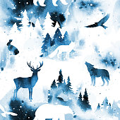 Watercolor winter vector seamless pattern with forest and animals under night sky in blue and white colors. Wild animals silhouettes and trees isolated on background. Bear, wolf, deer; hare, fox,birds.