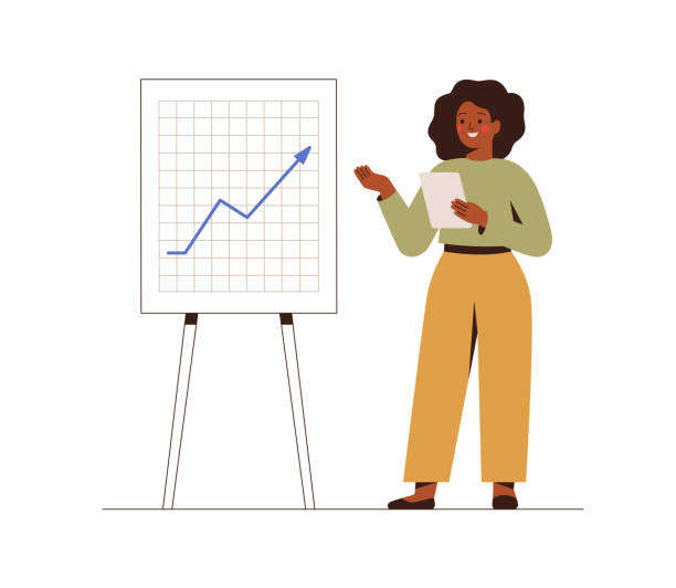 businesswoman shows on the board growing up a graph. happy female manager presents company financial report and strategy. - antrenör illüstrasyonlar stock illustrations