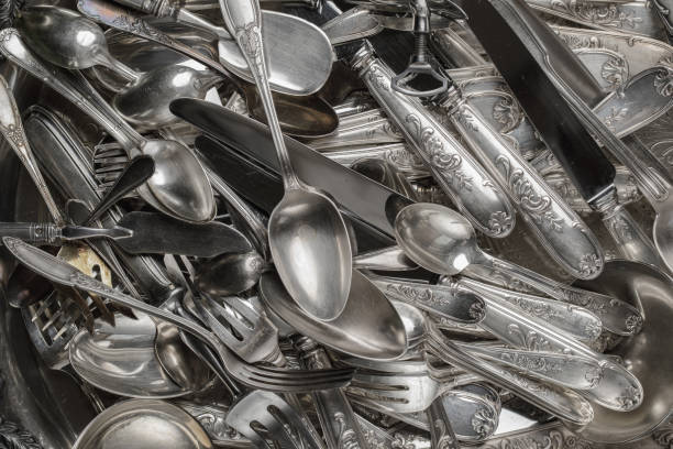 istock Full frame of vintage collection of silverware. 1341700870
