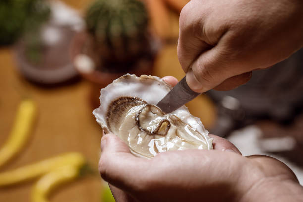 ナイフで生のカキを開く - kitchen knife raw food food and drink fork ストックフォトと画像
