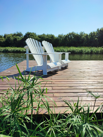 Wooden deck with garden grass and flowers near lake.