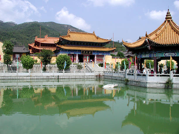 Chinese buddhist temple with small lake and mountain at the back.