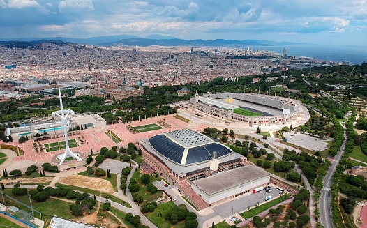 Olympic village of the Montjuic mountain of Barcelona, of the Calatrava Tower, from the air photo