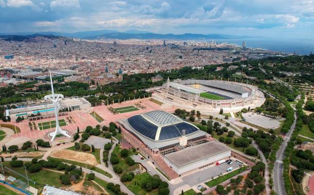 Olympic area of the Montjuic mountain of Barcelona, of the Calatrava Tower, drone view Olympic village of the Montjuic mountain of Barcelona, of the Calatrava Tower, from the air photo olympic city stock pictures, royalty-free photos & images