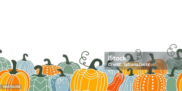 istock Pumpkin seamless border vector illustration in flat naive simple modern style. Autumn decorative gourd for thanksgiving, halloween, harvest design isolated on white background 1341704318