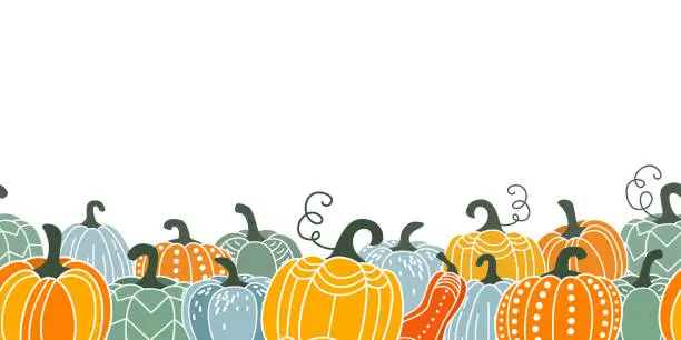 Vector illustration of Pumpkin seamless border vector illustration in flat naive simple modern style. Autumn decorative gourd for thanksgiving, halloween, harvest design isolated on white background