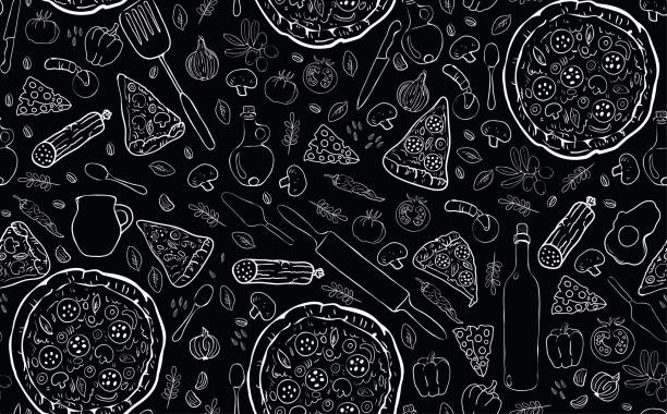 ilustrações de stock, clip art, desenhos animados e ícones de seamless pattern with pizza, ingredients and kitchen utensils. - food meat doodle dairy product