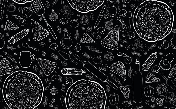 бесшовный узор с пиццей, ингредиентами и кухонной утварью. - seamless restaurant vegetable tomato stock illustrations