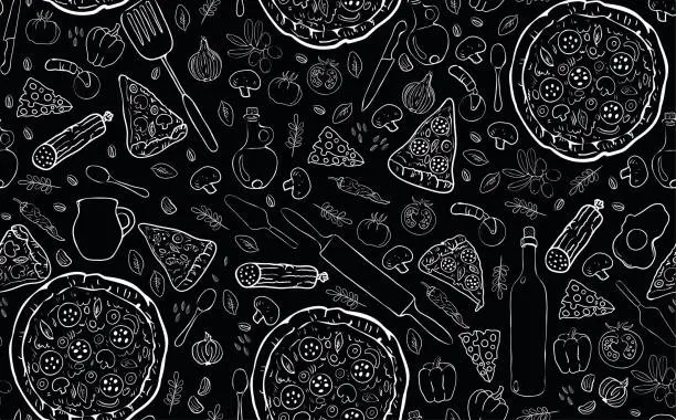 Vector illustration of Seamless pattern with pizza, ingredients and kitchen utensils.