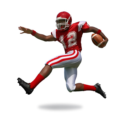 American football ball on grass of football,3d illustration