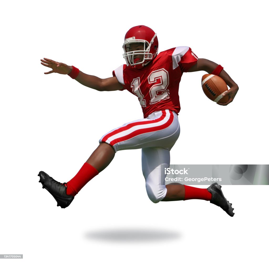 American Football running back isolated on white background American Football running back scoring touchdown. Isolated on white background College American Football Stock Photo