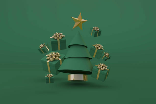 istock Christmas concept with Christmas tree and gifts floating. 3d render 1341705284
