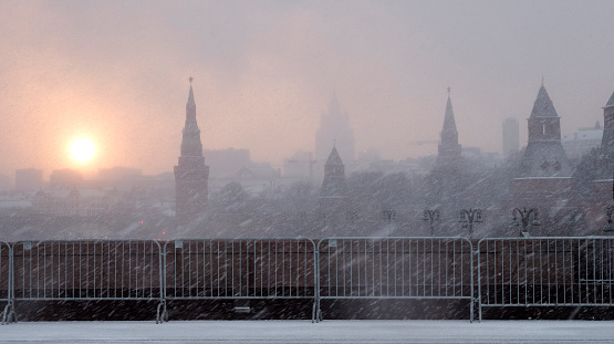 Russia, Moscow city center in a strong snowstorm. View on Kremlin Towers.