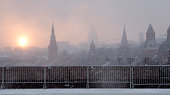 Russia, Moscow city center in a strong snowstorm.