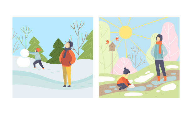 ilustraciones, imágenes clip art, dibujos animados e iconos de stock de escena de la temporada con el personaje de la gente caminando en el invierno nevado construyendo muñeco de nieve y jugando al bote en el conjunto vectorial de primavera - melting snowman winter spring