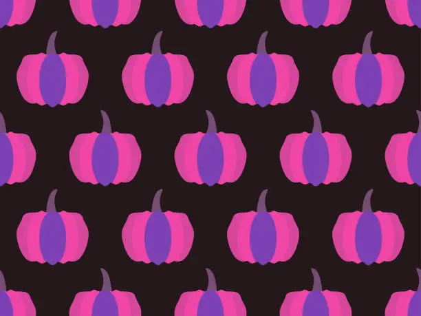 Vector illustration of Seamless pattern with violet and pink pumpkins. Autumn season background for wrapping paper, banners and advertising materials. Halloween and Thanksgiving day design. Vector illustration