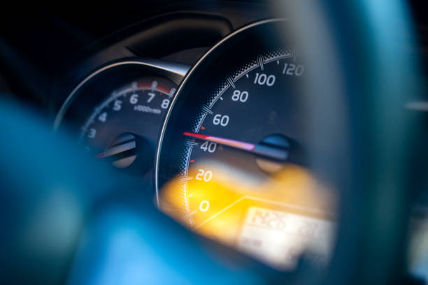 Detail view of car speed meter stock photo