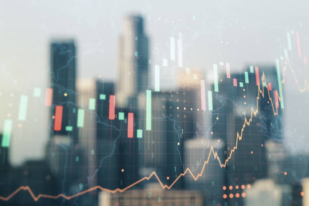istock Abstract creative financial graph and world map on blurry skyscrapers background, financial and trading concept. Multiexposure 1341709378