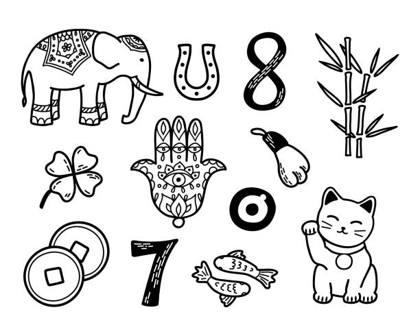 zestaw symboli szczęścia. azjatyckie talizmany i charms konturowe ilustracje wektorowe - good luck charm stock illustrations