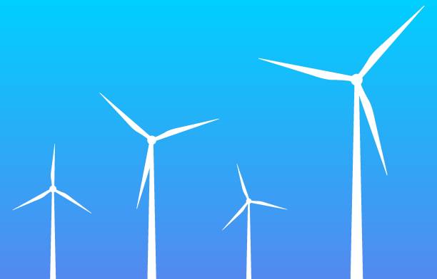 ilustrações, clipart, desenhos animados e ícones de silhueta de turbinas eólicas no fundo do céu azul. símbolo de moinhos de vento. sinal ecofriendly - wind turbine