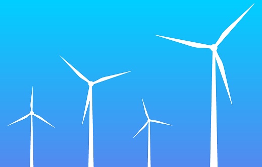 Silhouette of wind turbines on blue sky background. Windmills symbol. Ecofriendly sign. Ecology energy industrial concept. Renewable energy sources. Green electricity. Vector illustration
