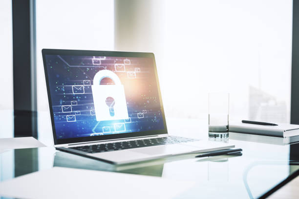istock Modern computer monitor with creative lock hologram and email symbols. Information security concept. 3D Rendering 1341709601