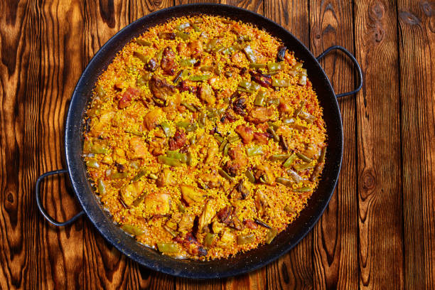 Paella from Spain rice recipe stock photo