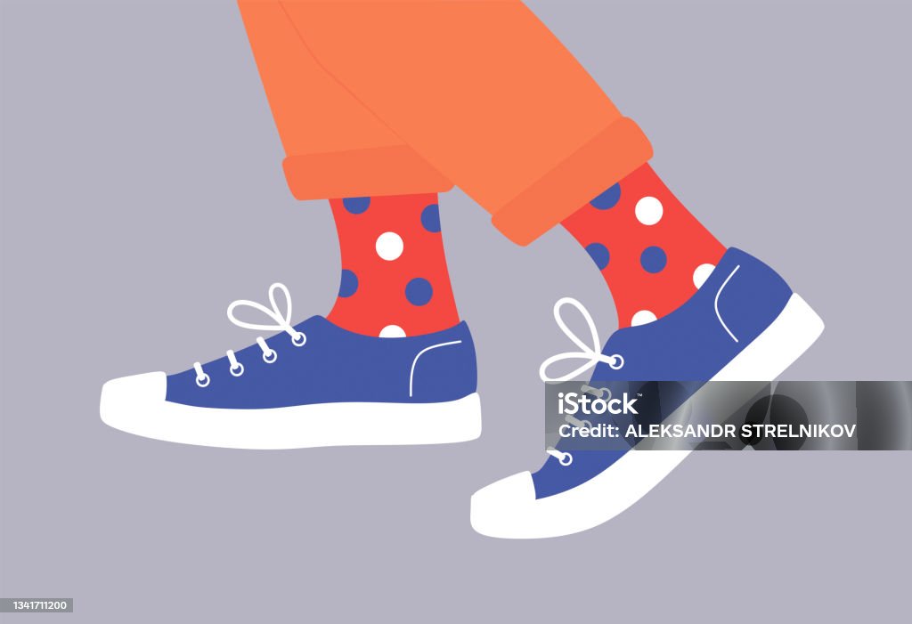 Shoe pair, boots, footwear. Canvas shoes, sneakers with colored socks and jeans. Shoe pair, boots, footwear. Canvas shoes, sneakers with colored socks and jeans. Сolor fashion style high-top and low-top sneakers. Lace-up shoes. Walking. Colorful isolated flat vector illustration. Foot stock vector