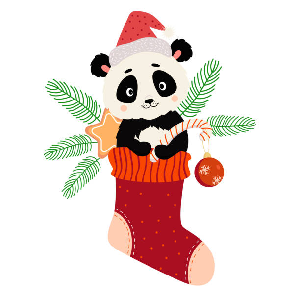 weihnachtssocke mit süßem panda, geschenken, lebkuchen, gestreiften karamell und weihnachtskugel. vektorillustration. für silvesterkarten, kinderkollektion, druck und dekor - nikolaus stiefel stock-grafiken, -clipart, -cartoons und -symbole