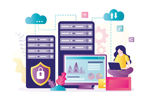 Cloud technology, concept banner. Woman user uploading and downloading information from remote server. Data center with servers. Safe storage of information. Cloud computing. Flat Vector illustration