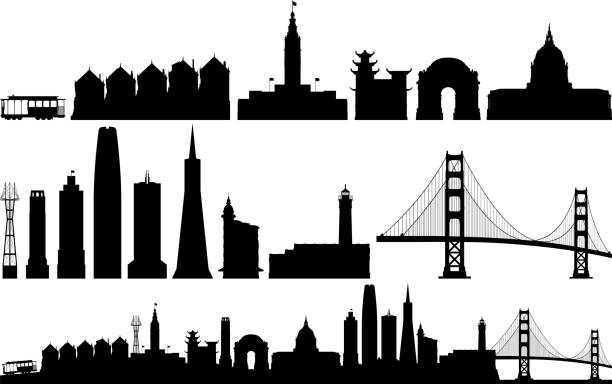 산 프란시스코 (모든 건물은 완전하고 움직일 수 있음) - golden gate bridge panoramic san francisco county bridge stock illustrations