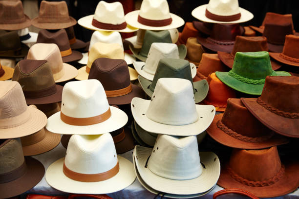 istock Hats in outdoor store stacked in rows 1341712695