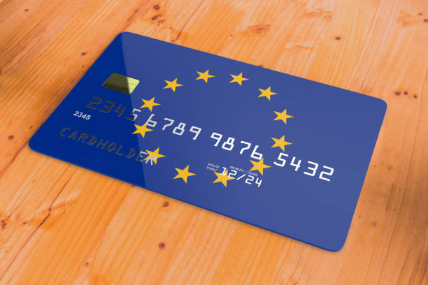 credit card with flag of europe union 3d - debt national landmark credit card paying imagens e fotografias de stock